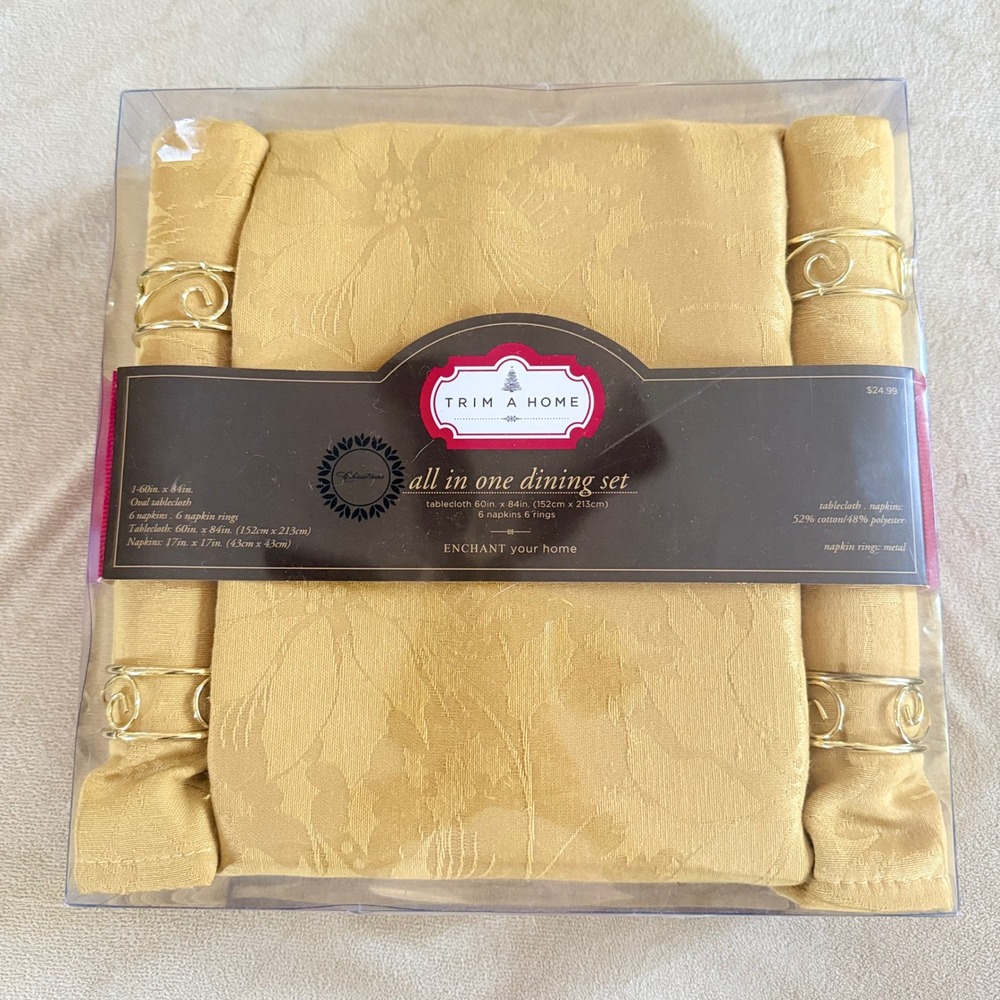 Gold Damask Dining Set Oval Tablecloth 6 Napkins 6 Metal Rings Trim A Home